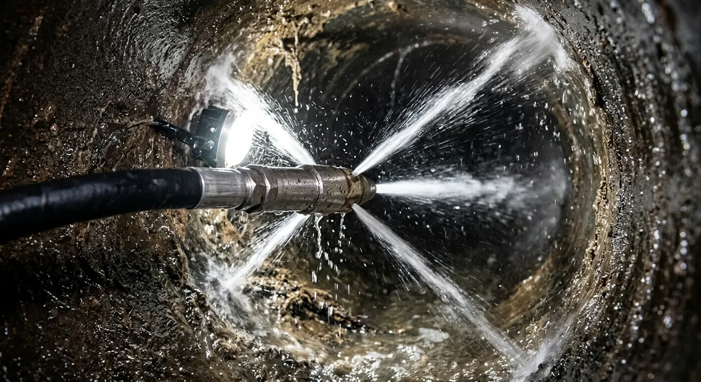 High-pressure hydro jetting nozzle cleaning sewer pipe for Sewer Cleanout in West York