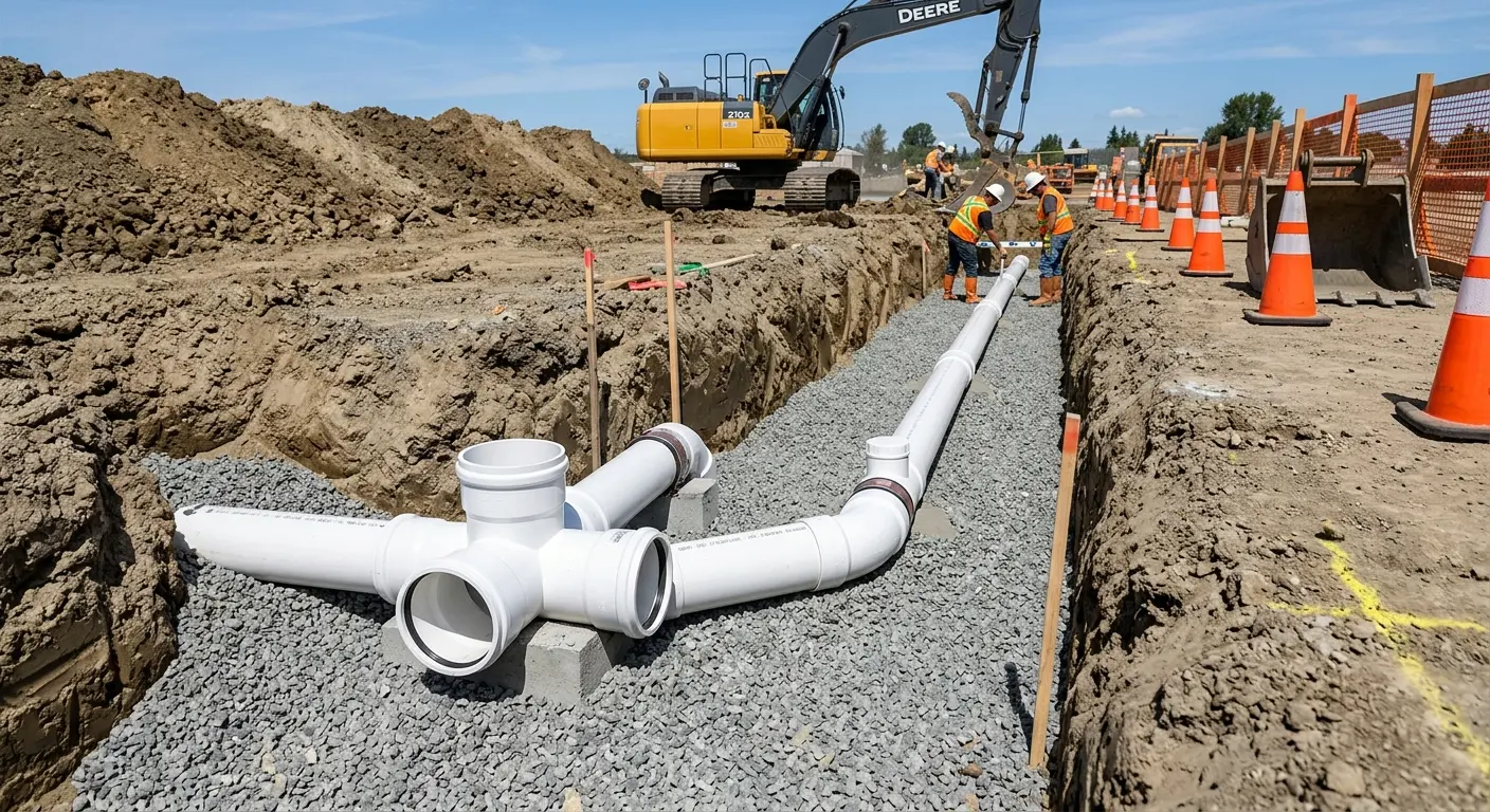 New PVC sewer pipe installation in open trench for Commercial Drain Cleaning in West York