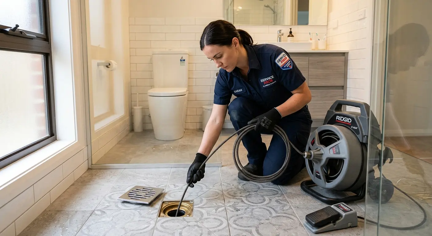 Technician clearing a bathroom floor drain for Clogged Drain Repair in West York
